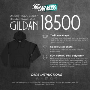 May include: A black hooded sweatshirt featuring a front kangaroo pocket, long sleeves, and a drawstring hood. Text includes 365 CAR MODS, Unisex Heavy Blend Hooded Sweatshirt, GILDAN 18500, Twill necktape, Spacious pockets, 50% cotton, 50% polyester, and CARE INTRUCTIONS.