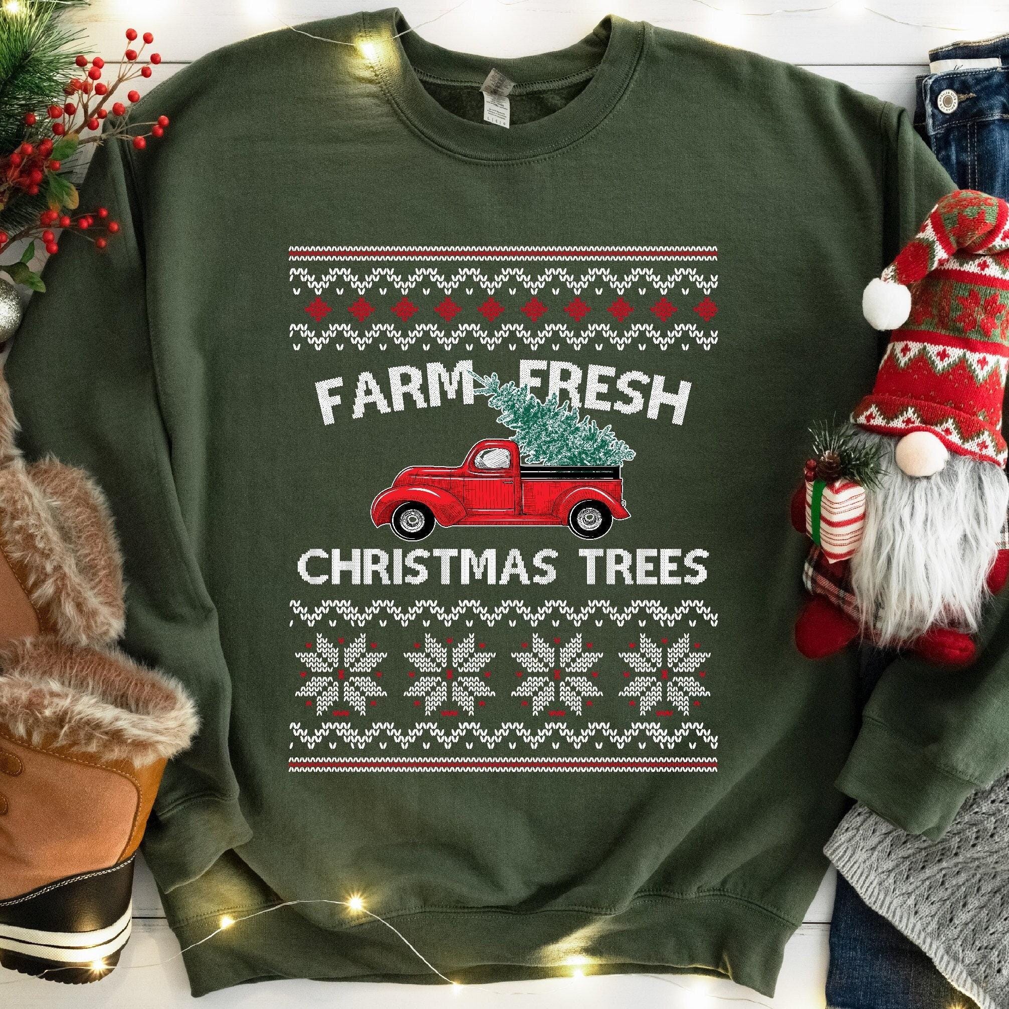 Farm Fresh Sweater With Red Truck And Christmas Tree Farm Fresh