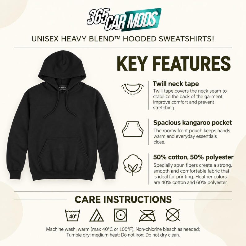 May include: A black hooded sweatshirt with a front kangaroo pocket and drawstrings. The image includes text: 365 CAR MODS, UNISEX HEAVY BLEND HOODED SWEATSHIRTS, KEY FEATURES, Twill neck tape, Spacious kangaroo pocket, 50% cotton, 50% polyester, CARE INSTRUCTIONS.