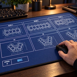 Peut inclure: Un tapis de bureau rectangulaire bleu présentant des illustrations techniques en blanc de diverses configurations de moteurs, dont Inline 4, Inline 6, Flat 4, V4, V6 et V8. Le coin inférieur gauche comporte un encadré avec le texte Approved By Mike.