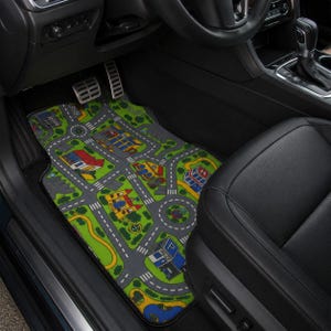 Retro Road Map Car Floor Mats Set of 4, 90s Nostalgia City Carpet Design, Toy Town Driving Track, New Driver Gift for Him, Auto Decor