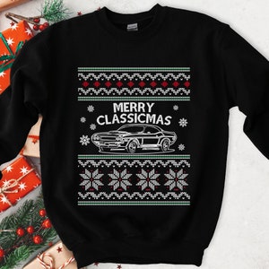 Sudadera fea de Navidad, suéter navideño Merry Classicmas, Muscle Car americano clásico, regalo para amantes de los autos, regalos de Navidad, suéter feo de Navidad