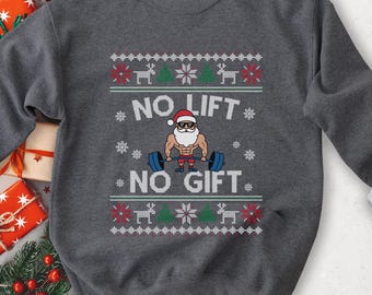 Pull De Noël Moche 'No Lift No Gift' - Motif Père Noël Haltères, Coupe Classique, 241g - Humour Fitness