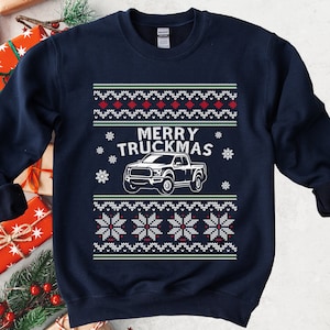Suéter navideño feo, sudadera navideña Merry Truckmas, camioneta americana, regalo navideño de Car Guy, suéter navideño feo, regalos navideños
