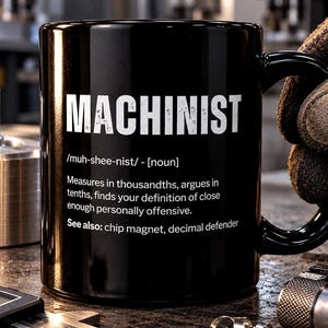 Könnte beinhalten: Eine schwarze Keramiktasse mit weißem Textaufdruck: MACHINIST /muh-shee-nist/ - [noun] Measures in thousandths, argues in tenths, finds your definition of close enough personally offensive. See also: chip magnet, decimal defender.