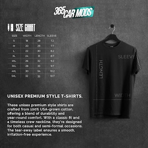 May include: Size chart for unisex t-shirts with measurements in inches for width, length, and sleeve. The chart shows sizes from S to 5XL. The image also shows a black t-shirt with measurements marked on it.