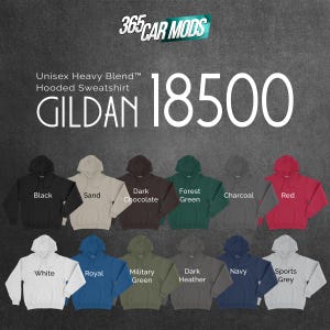 May include: A Gildan 18500 Unisex Heavy Blend hooded sweatshirt color chart featuring 14 different color options including black, sand, dark chocolate, forest green, charcoal, red, white, royal, military green, dark heather, navy, and sports grey.