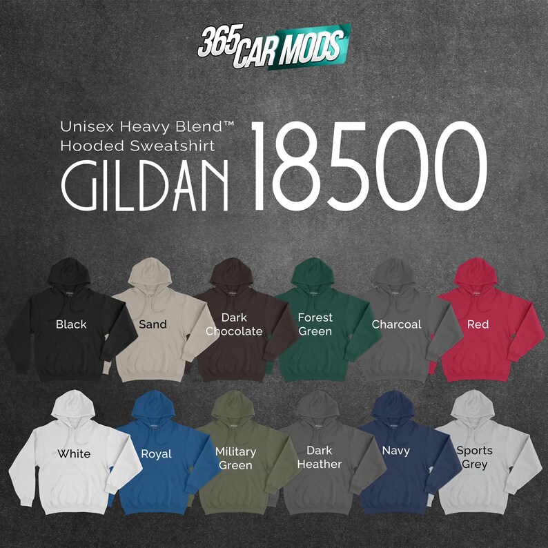 May include: A Gildan 18500 Unisex Heavy Blend hooded sweatshirt color chart featuring 14 different color options including black, sand, dark chocolate, forest green, charcoal, red, white, royal, military green, dark heather, navy, and sports grey.