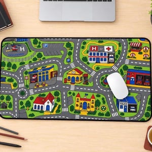 Retro-Schreibtischunterlage mit Landkartenmotiv für Kinder, Spielteppich-Mauspad im 90er-Jahre-Nostalgie-Stil, XL-Gaming-Mauspad