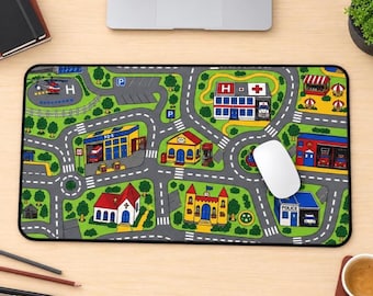 Retro Kids Map Desk Mat, 90s Nostalgia Play Carpet Mouse Pad, XL Gaming Mousepad