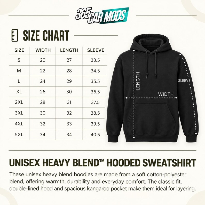 May include: A black hooded sweatshirt with a front kangaroo pocket and drawstrings, accompanied by a size chart labeled 365 CAR MODS. The chart lists sizes from S to 5XL with corresponding width, length, and sleeve measurements in inches.