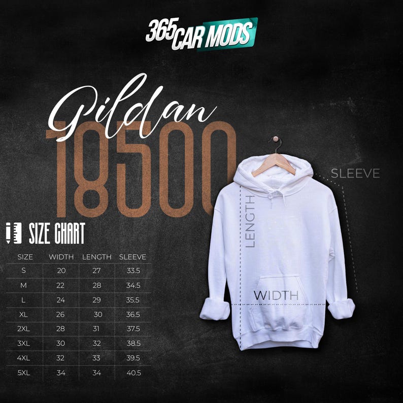 May include: A white hooded sweatshirt with a front kangaroo pocket and long sleeves, displayed on a wooden hanger. The image includes a size chart for the Gildan 18500 model, with measurements in inches for width, length, and sleeve length for sizes S to 5XL.