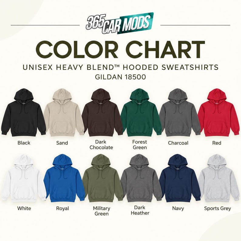 May include: A color chart for Gildan 18500 unisex heavy blend hooded sweatshirts by 365 Car Mods. The chart displays twelve hoodies in black, sand, dark chocolate, forest green, charcoal, red, white, royal, military green, dark heather, navy, and sports grey.