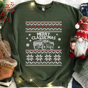 Suéter navideño feo, sudadera navideña Merry Classicmas, camioneta clásica, regalo navideño para amantes de los autos, suéter navideño feo, regalos navideños para él