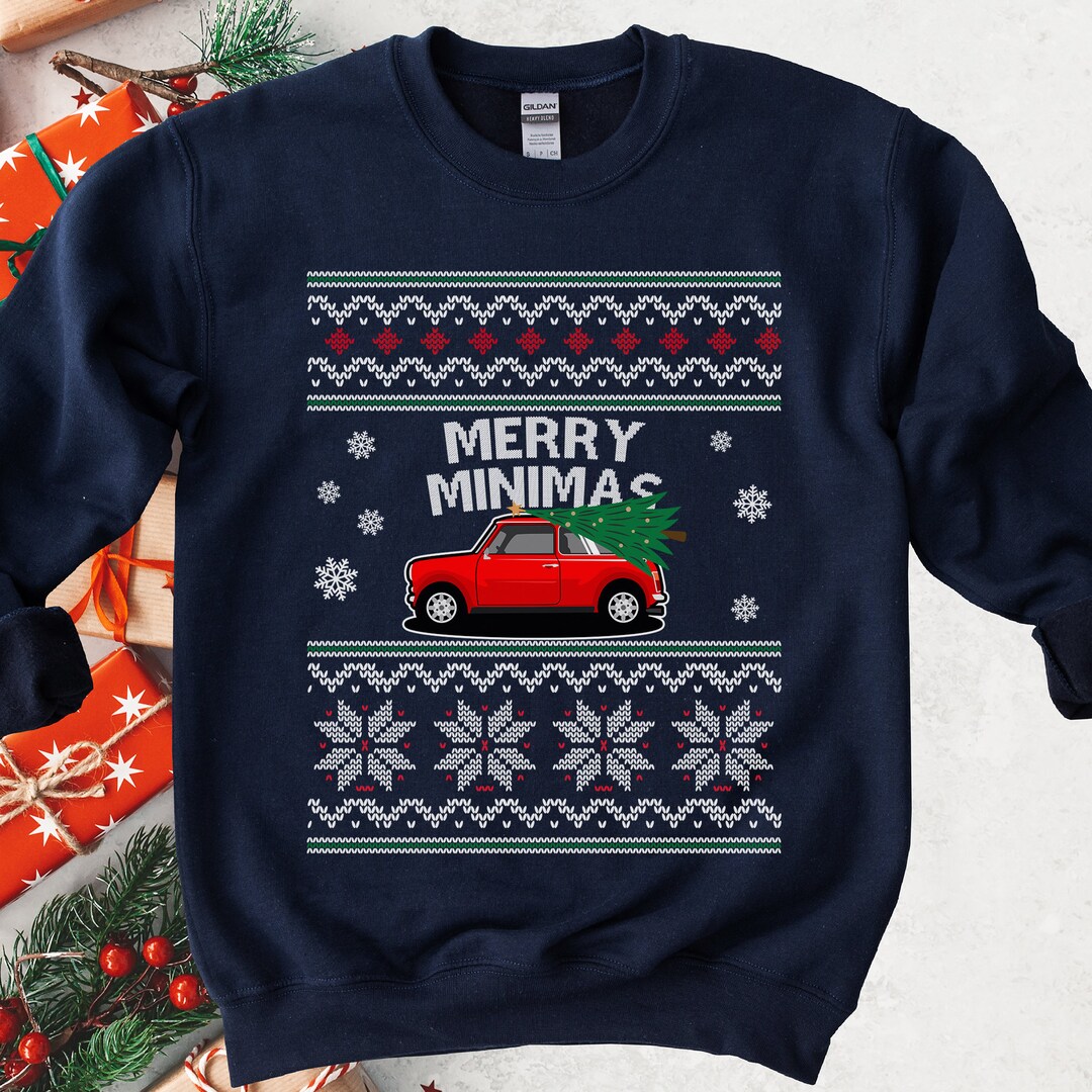 Ugly Christmas Sweatshirt Merry Minimas Christmas Sweater British Classic Car Sweatshirt Ugly Xmas Sweater Car Guy Gift Christmas Gifts Etsy