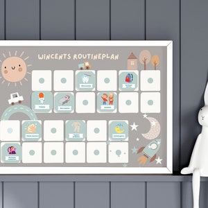 Plano de rotina para crianças Rotina noturna Boho Rotina matinal infantil Rotinas diárias infantis Cartões de rotina personalizados para crianças Bohostill Cinza