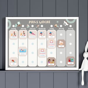 Planificador Semanal Infantil Montessori para Niños Planificador Semanal Infantil Personalizado con Tarjetas de Símbolos, Actividades y Tarjetas de Rutina Coches Gris Menta