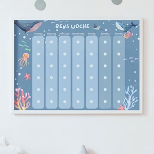 Wochenplan für Kinder A3 Montessori mit 6 Felder A3 personalisiert mit Rahmen Montessori Wochenplaner personalisiert Unterwasserwelt
