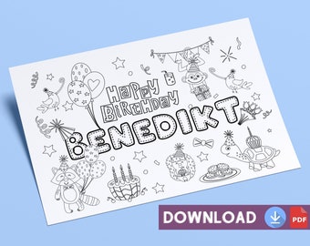 Birthday Personalised Placemat Colouring printable Sheet  for Children, Happy Birthday Party placemat download pdf