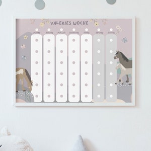 Wochenplan A3 für Kinder Montessori 6 Felder Pferde Boho A3 Wochenplan mit Rahmen Wochenplaner Kinder personalisiert  Montessori Reiten