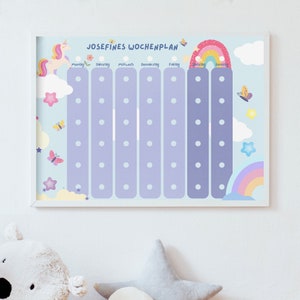 Wochenplan A3 für Kinder Montessori 6 Spalten Einhorn nd Regenbogen A3 Wochenplan mit Rahmen Wochenplaner Kinder personalisiert  Montessori