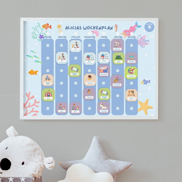 Weekly Plan A3 for Children Montessori 6 Columns Mermaid A3 Weekly Plan with Frame Weekly Planner Children Personalized Montessori