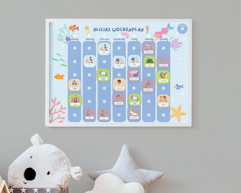 Weekly Plan A3 for Children Montessori 6 Columns Mermaid A3 Weekly Plan with Frame Weekly Planner Children Personalized Montessori image 1