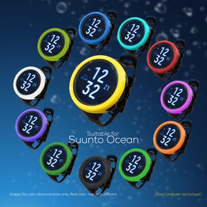 May include: A collection of dive computer bezels in various colors, including yellow, blue, green, and red. Each bezel displays the time 12:32 and the date 21. The text "Suitable for Suunto Ocean" is also visible.