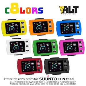 May include: Eight color options for a protective cover series for the Suunto EON Steel dive computer. The cover is shown in yellow, orange, blue, white, green, pink, red, and black.