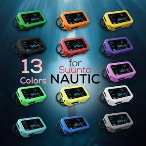 May include: A display of 13 coloured protective cases for Suunto Nautic dive computers. The cases are presented in a range of colours, such as green, orange, yellow, black, red, purple, pink, white, blue, and grey. Each case features a screen and a black strap.