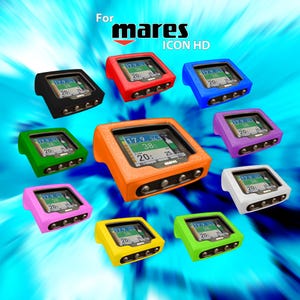 Puede incluir: Una colección de cubiertas de silicona de colores para la computadora de buceo Mares Icon HD. Las cubiertas están disponibles en negro, rojo, azul, morado, verde, naranja, rosa, amarillo y verde lima.