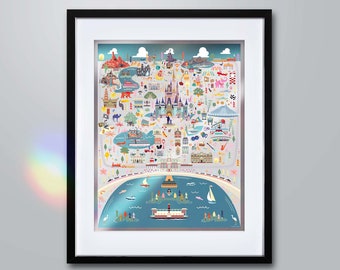 50th Anniversary MAGIC KINGDOM Print | Limited Edition Holographic Whimsical Map | Walt Disney World Wall Decor | Theme Park Series