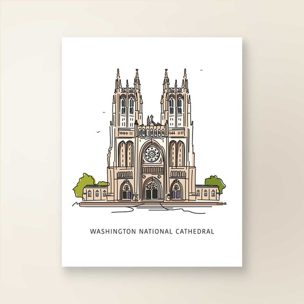 NATIONAL CATHEDRAL  | Art Wall Decor | Washington D.C. Iconic Landmark Series | Poster Print | Sketch Illustration