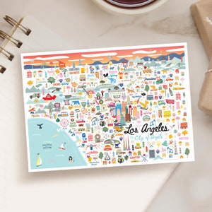 LOS ANGELES CA 5x7 Postcard City Map Art Los Angeles California City Series Whimsical Illustration Day Version Single Card