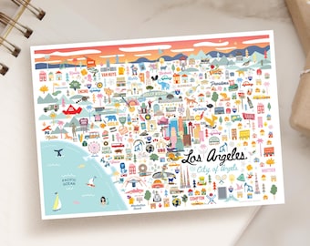 LOS ANGELES CA 5x7 Postcard | City Map Art Los Angeles California | City Series | Whimsical Illustration | Day Version