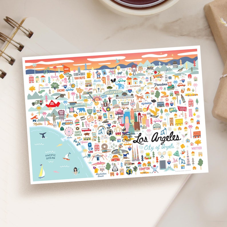 LOS ANGELES CA 5x7 Postcard City Map Art Los Angeles California City Series Whimsical Illustration Day Version Single Card