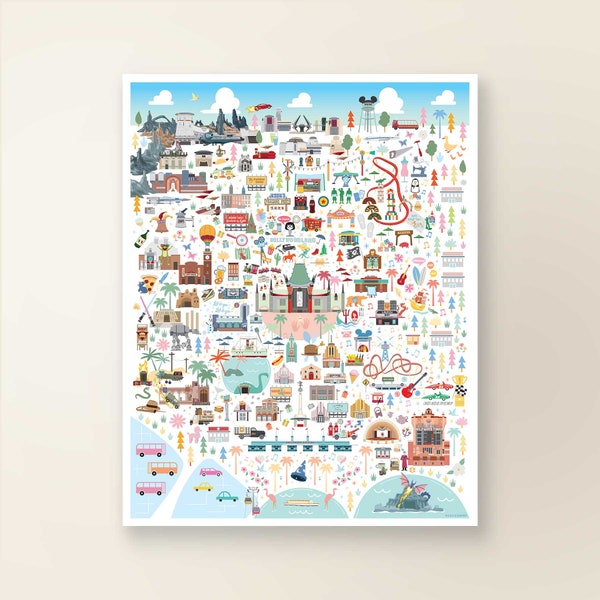 HOLLYWOOD STUDIOS Map Poster | Whimsical Map | Hollywood Studios Park Orlando FL | Wall Decor | Walt Disney World Art Print | Day Version