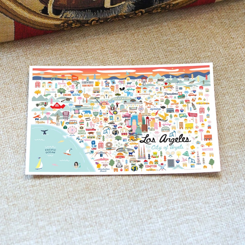 LOS ANGELES CA 5x7 Postcard City Map Art Los Angeles California City Series Whimsical Illustration Day Version 6 Pack