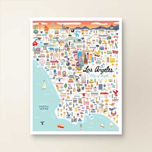Decoración de pared con mapa de Los Ángeles, California / Mapa de la ciudad de Los Ángeles, California / Póster con impresión artística / Ilustración caprichosa / Versión diurna