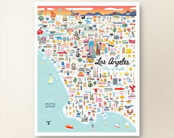 LOS ANGELES CA Map Art Wall Decor | City Map Los Angeles California | Art Print Poster | Whimsical Illustration | Day Version