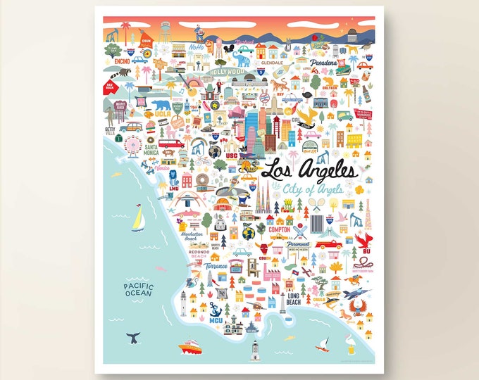 LOS ANGELES CA Map Art Wall Decor | City Map Los Angeles California | Art Print Poster | Whimsical Illustration | Day Version