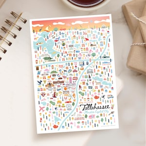 May include: A colorful illustrated map of Tallahassee, Florida, with the text "Tallahassee, Florida's Capital City". The map features landmarks, buildings, and other points of interest, including Lake Jackson, the Capitol Building, and Florida State University.