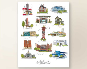 May include: A colorful illustration of iconic landmarks in Atlanta, Georgia. The illustration features buildings like the Georgia State Capitol, the World of Coca-Cola, and the Atlanta Braves stadium. The text "Atlanta" is written at the bottom of the illustration.