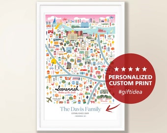 SAVANNAH GA Personalized Wall Art | Savannah Georgia Home Decor Artwork | Savannah Decor | Art Print | Whimsical Illustration | Day Version