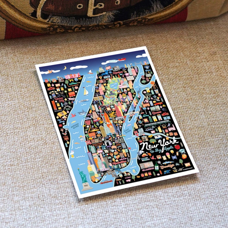 NEW YORK NYC 5x7 Postcard City Map Art New York City City Series Whimsical Illustration Night Version 12 Pack