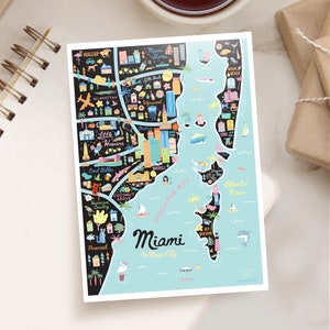 MIAMI FL 5x7 Postcard | City Map Art Miami Florida | City Series | Whimsical Illustration | Night Version