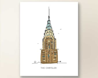 Puede incluir: Una ilustración de línea del edificio Chrysler en la ciudad de Nueva York. El edificio está representado en colores marrón, amarillo y azul. El texto "THE CHRYSLER" está debajo del edificio.