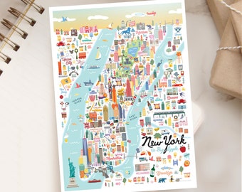 NEW YORK NYC 5x7 Postcard | City Map Art New York City | City Series | Whimsical Illustration | Day Version