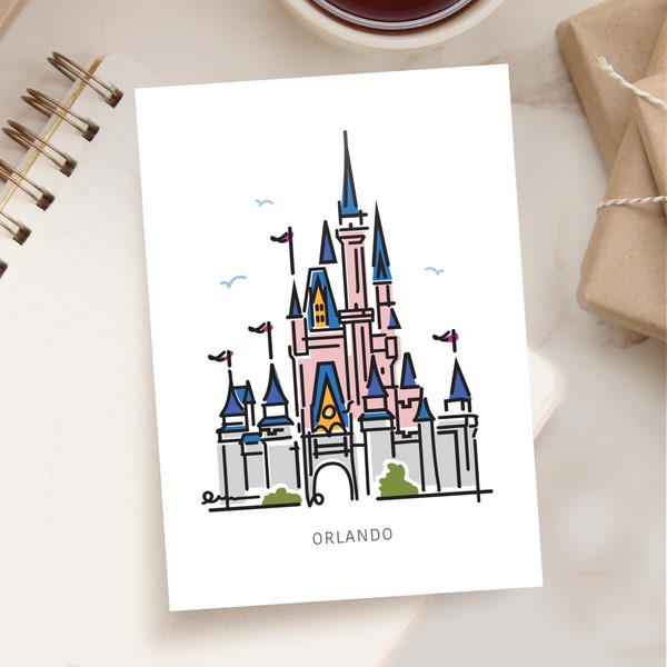Princess Castle ORLANDO Postcard | Kingdom Graphic Line Art Print Collection | Girls Room | Nursery Baby Room Decor | Theme Park Series