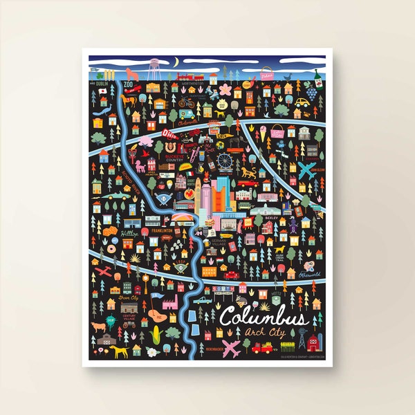 COLUMBUS OH Wall Art City Print | Columbus Ohio City Map Poster | Home Decor Art Print | Wall Decor | Whimsical Illustration | Night Version